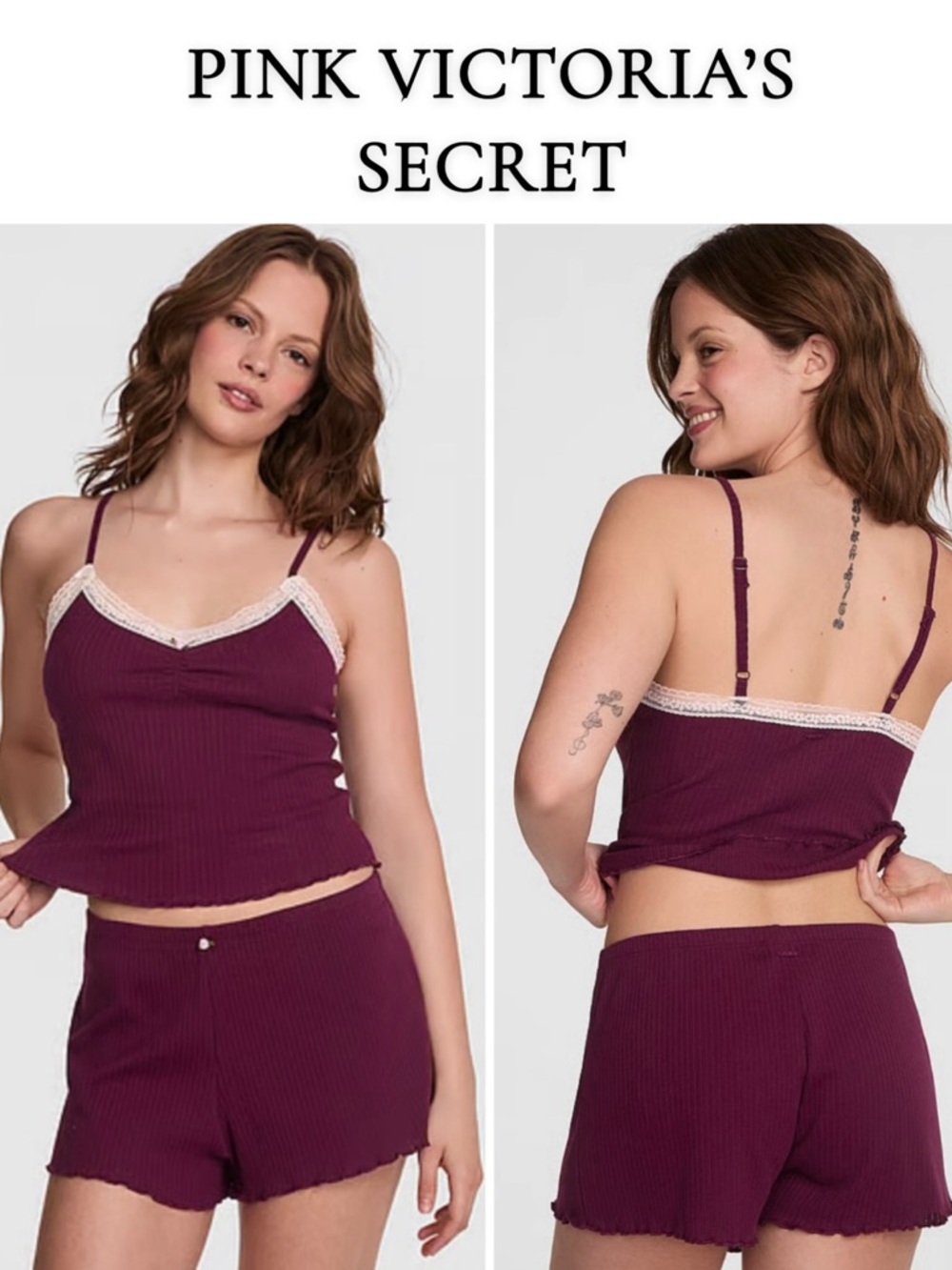 💜VS PINK Drop Needle Pointelle Tank Top & Shorts Dark Purple Pink Rosette MEDIUM